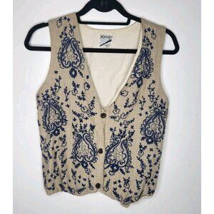 Vintage xinqu button down embroidered vest Women Size S 100% Cotton Boho